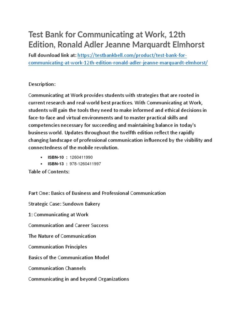 Test Bank For Communicating at Work 12th Edition Ronald Adler Jeanne