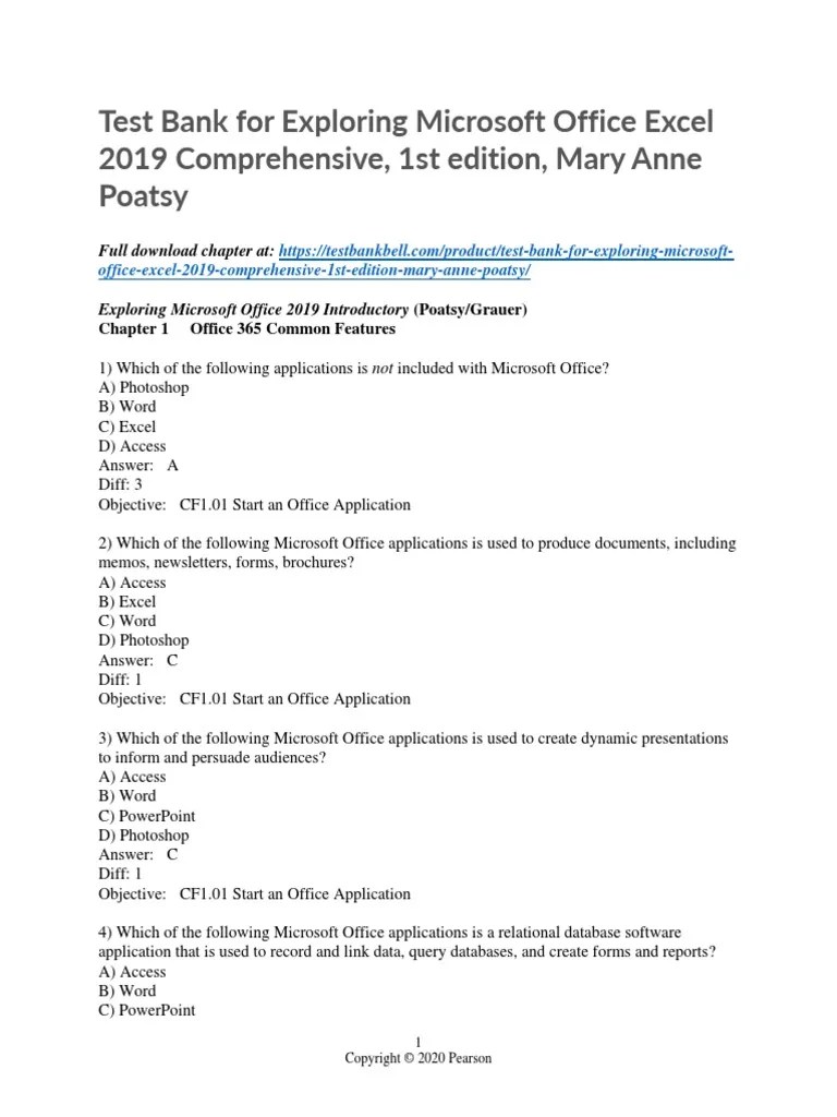 Test Bank For Exploring Microsoft Office Excel 2019 Comprehensive 1st