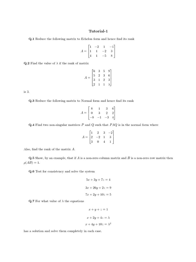 Assignment Questions For Matrices PDF Matrix (Mathematics