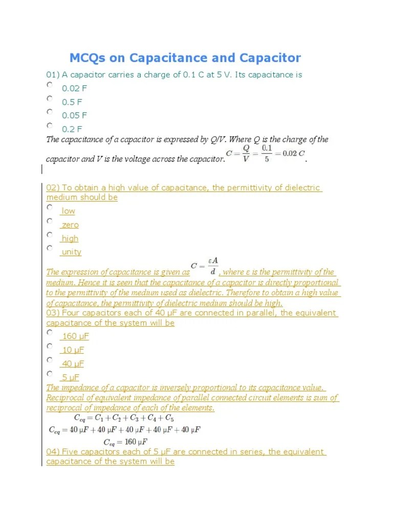 MCQs On Capacitance and Capacitor PDF Capacitor Capacitance