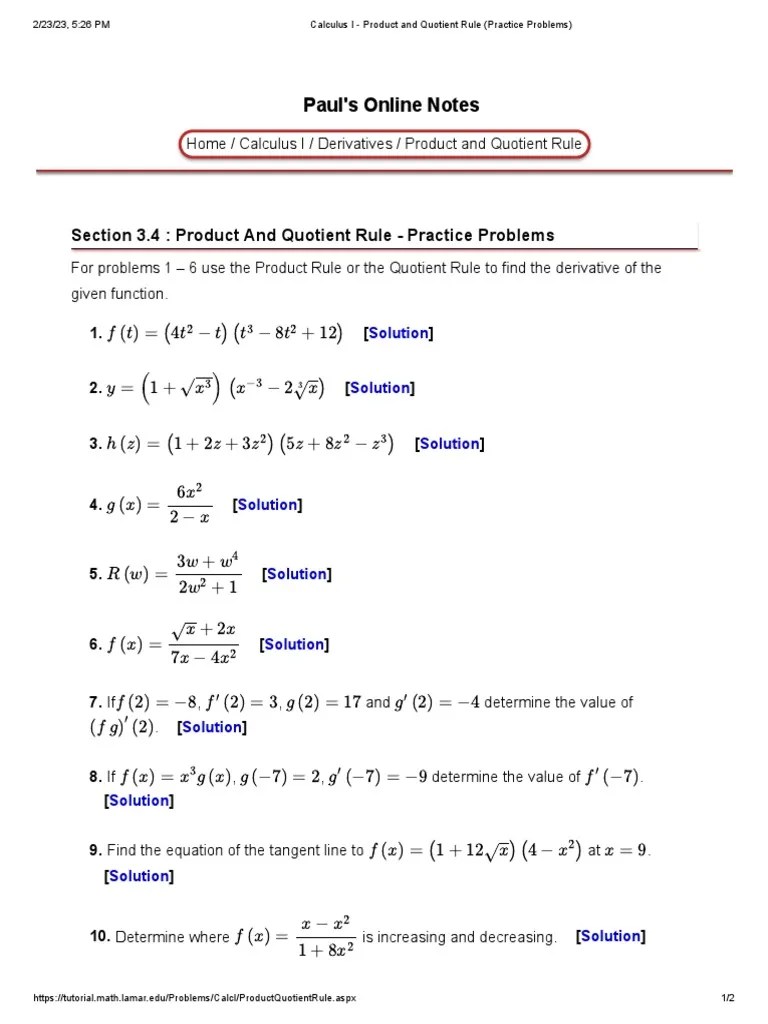 Calculus I Product and Quotient Rule Practice Problems PDF