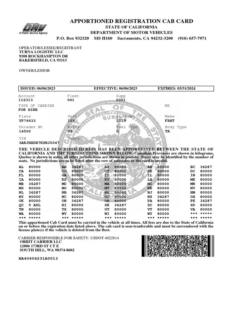 Apportioned Registration Cab Card PDF
