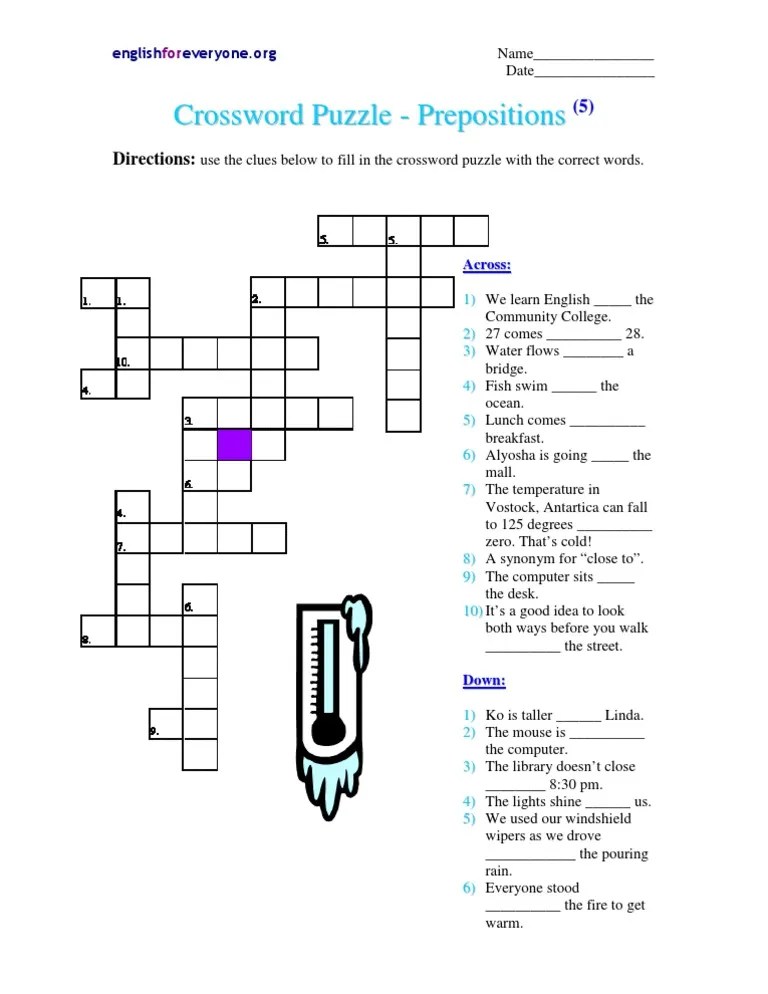 Crossword Puzzle - Prepositions | Pdf