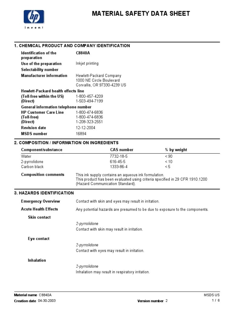 HP Ink MSDS Op C8840a Us Eng v2 PDF