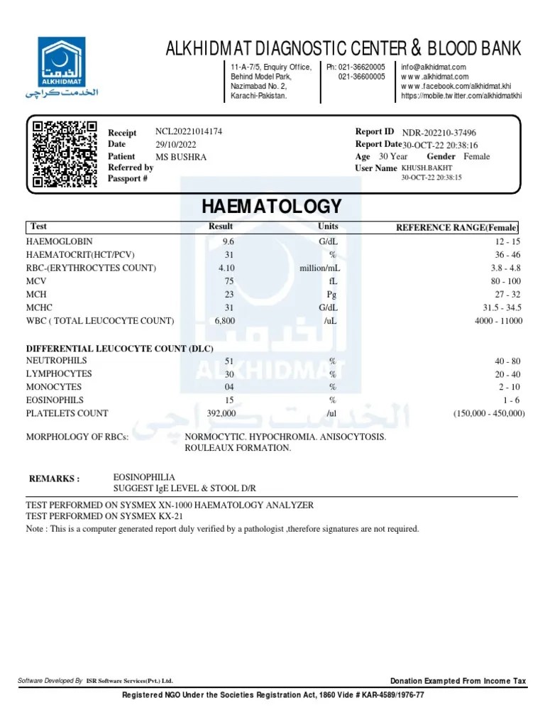 Alkhidmat Diagnostic Center Blood Bank Haematology PDF