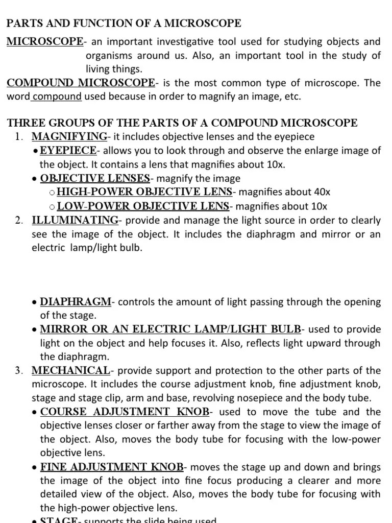 Parts and Function of A Microscope - Lesson1 | PDF