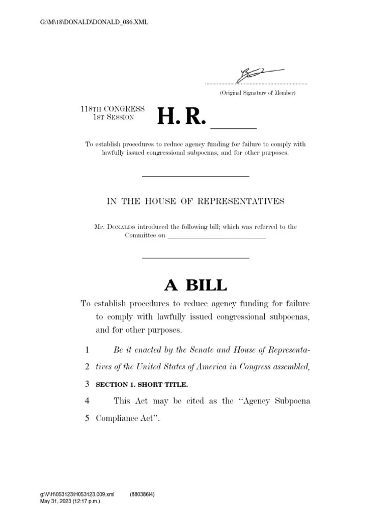 Agency Subpoena Compliance Act PDF United States House Of
