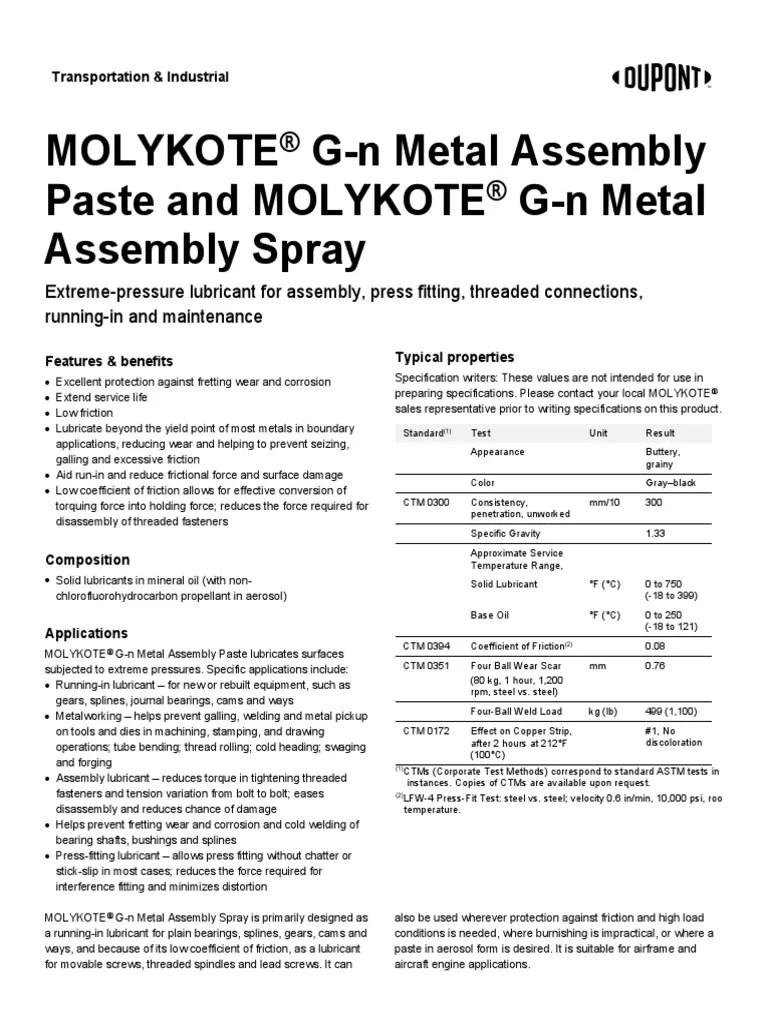 MOLYKOTE GN Metal Asembly Paste and Spray 10731F01 PDF Screw