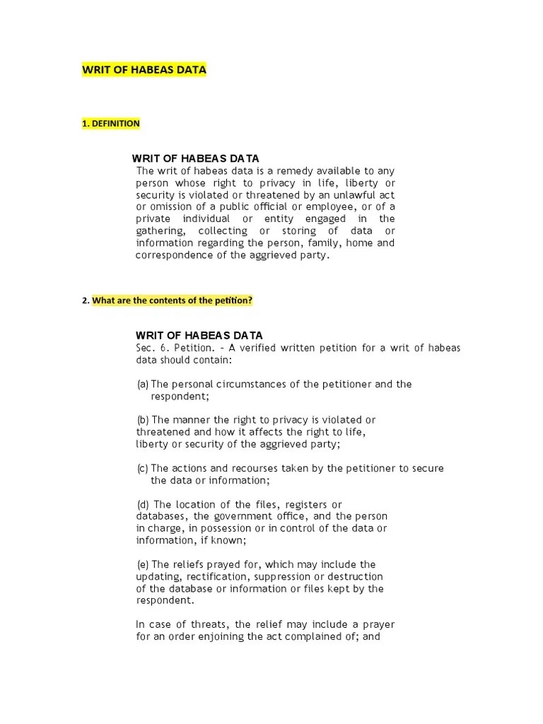 Writ of Habeas Data Notes PDF