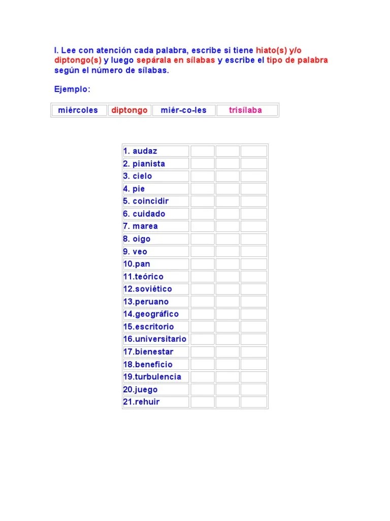 Ejercicios de Diptongos e Hiatos