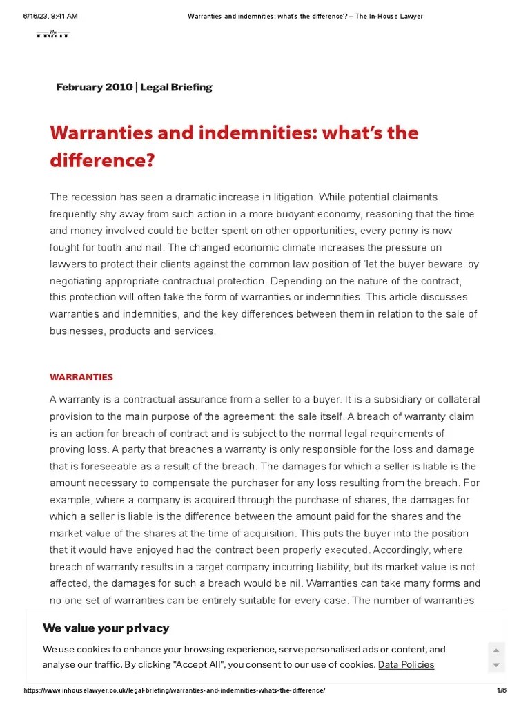 Warranties and Indemnities What's The Difference The InHouse Lawyer PDF