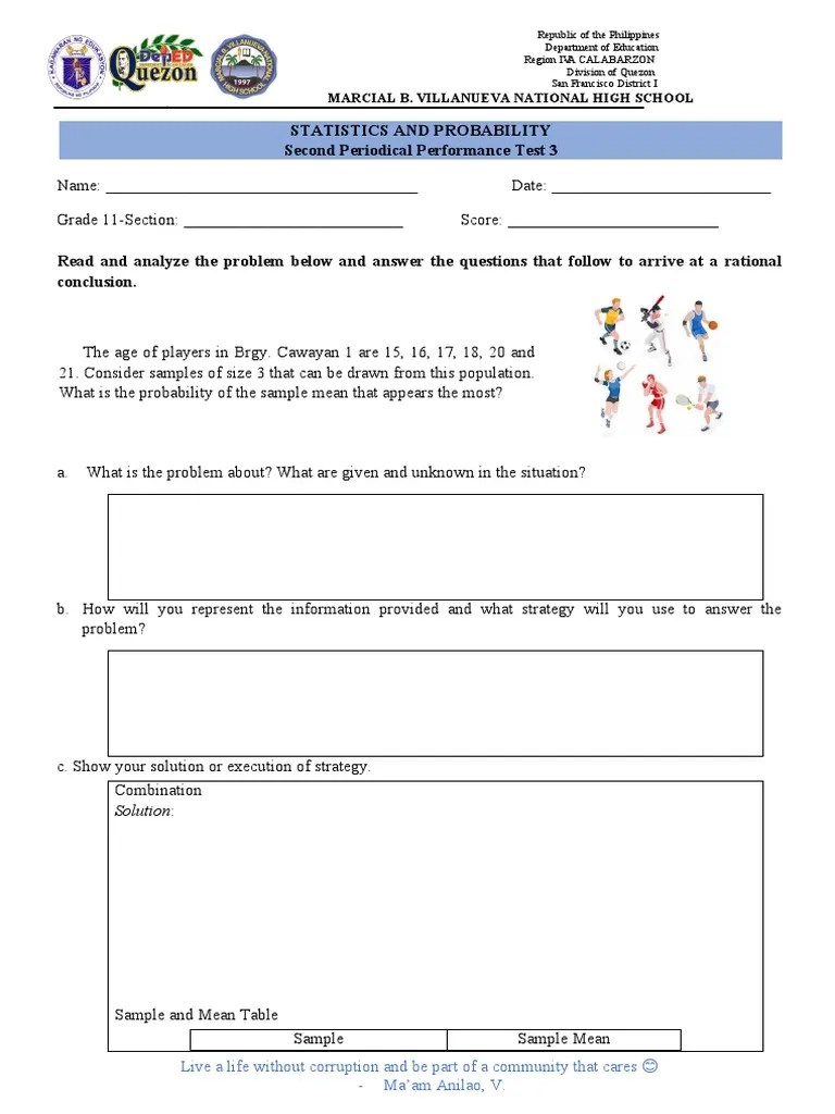 STATISTICS AND PROBABILITY PERFORMANCE TEST 3 2nd Periodical PDF