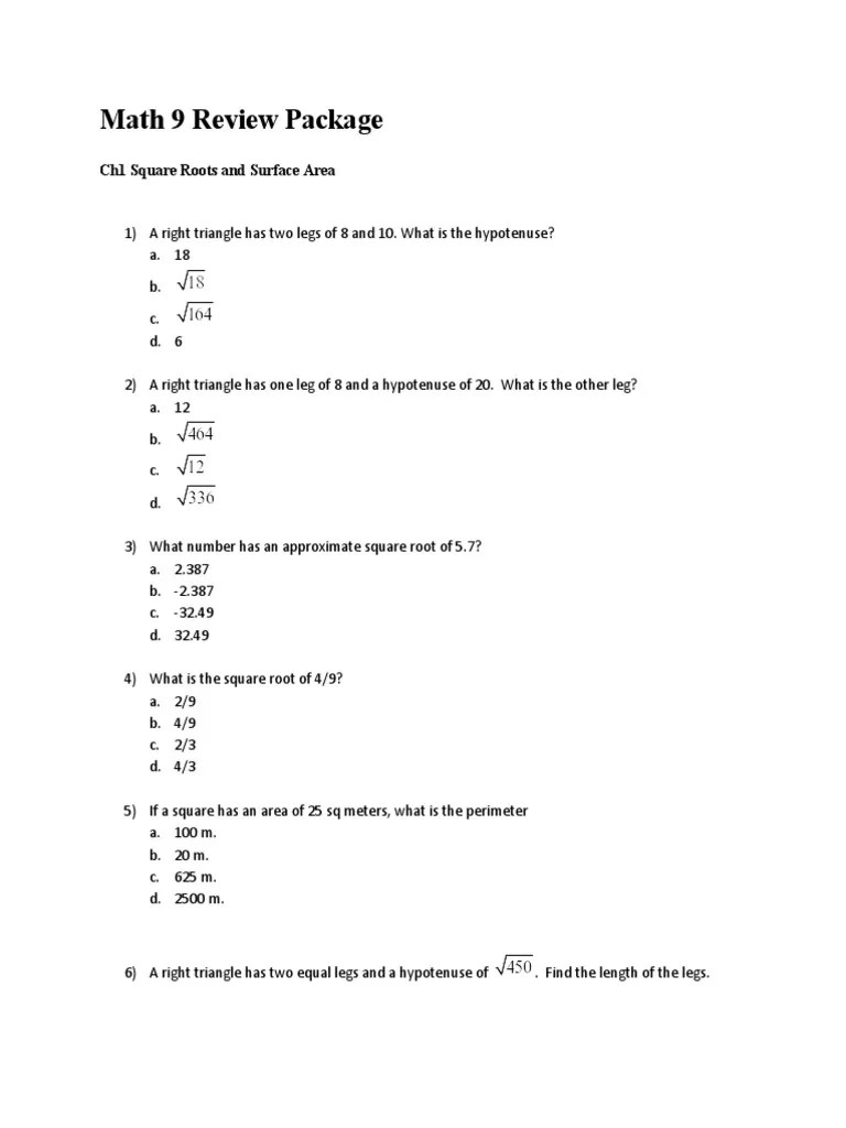Math 9 Review Package2020 PDF Circle Area