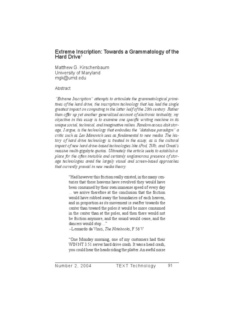 Kirschenbaum Extreme Inscription. Towards A Grammatology of The Hard