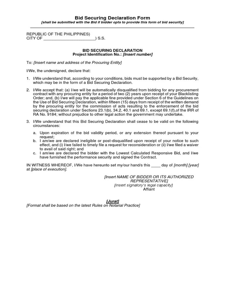 Bid Securing Declaration Form PDF Government Common Law
