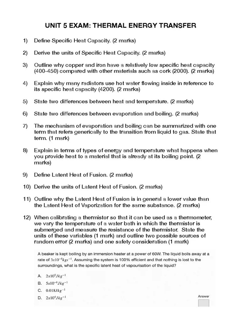 Unit 5 Exam A. Thermal Energy Transfer PDF