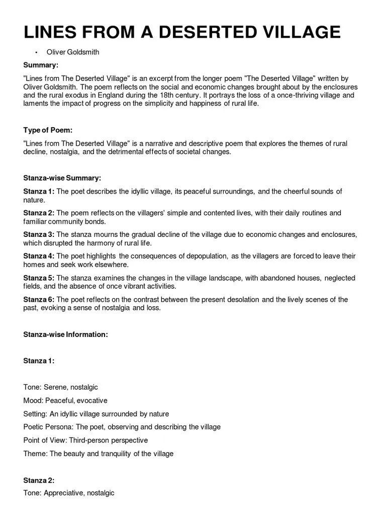 Lines From the Deserted Village NOTES PDF Poetry