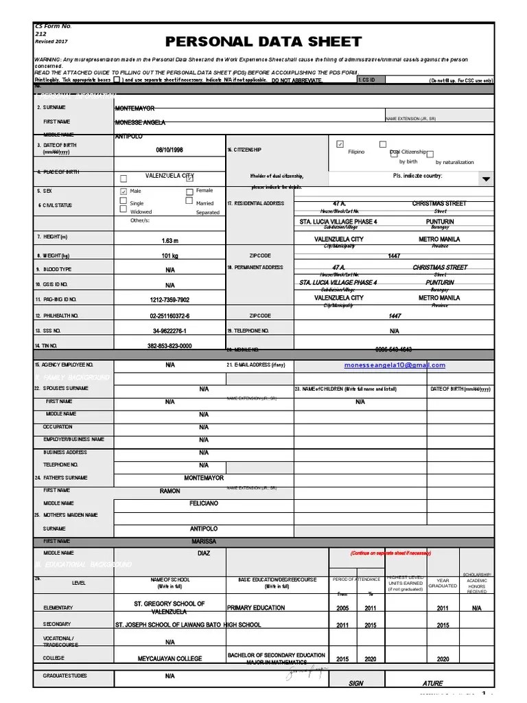 CS Form No. 212 Personal Data Sheet Revised PDF Teachers Social
