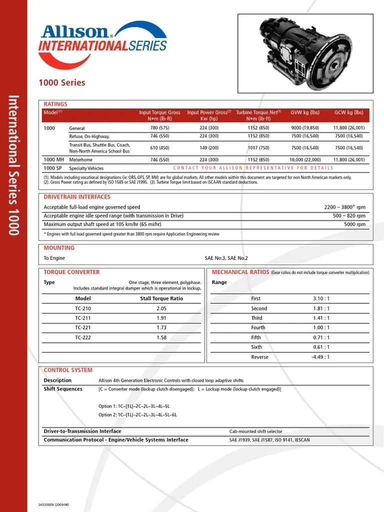 Allison Transmission 1000 Series Spec Sheet Min Min PDF Vehicle