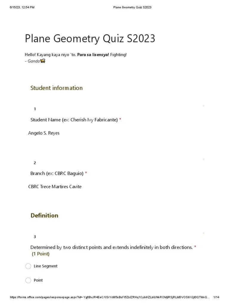 Plane Geometry Quiz S2023 PDF Triangle Area