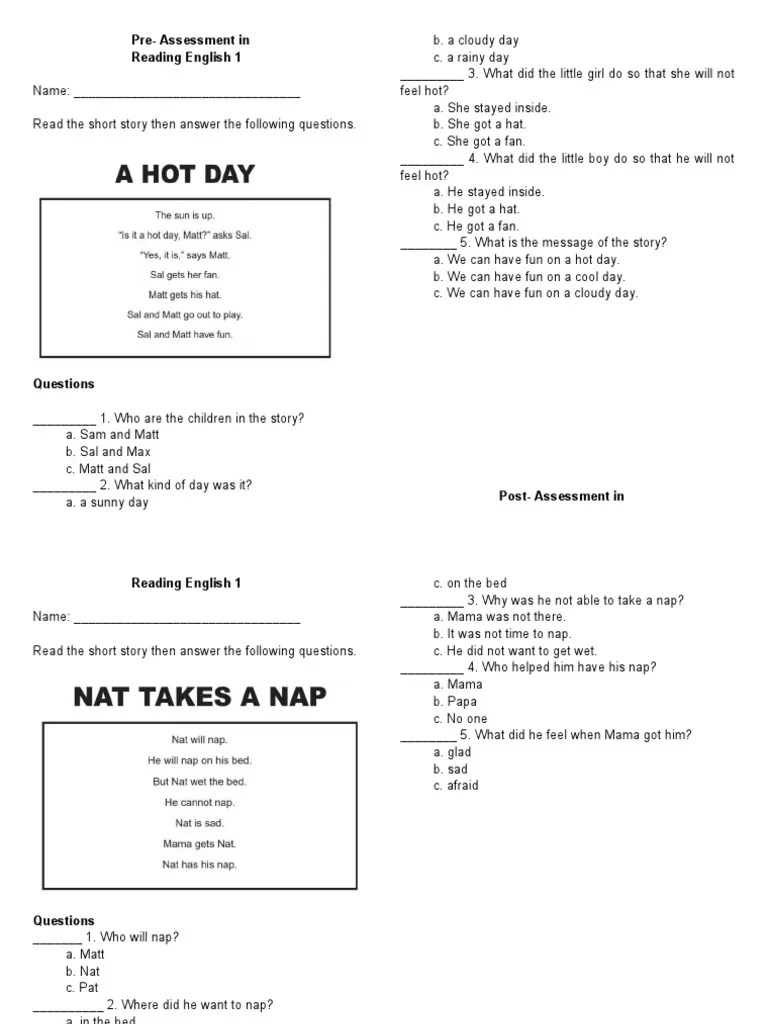 Prepost Reading Materials Grade 1 PDF