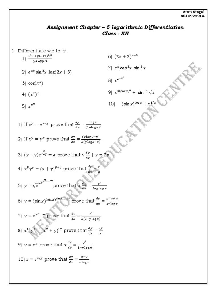 XII Assingment Ch 5 Logarithmic Differentiation PDF