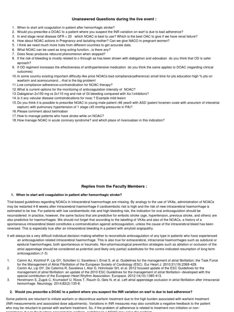 Unanswered Questions During The Live Event PDF Stroke Medical