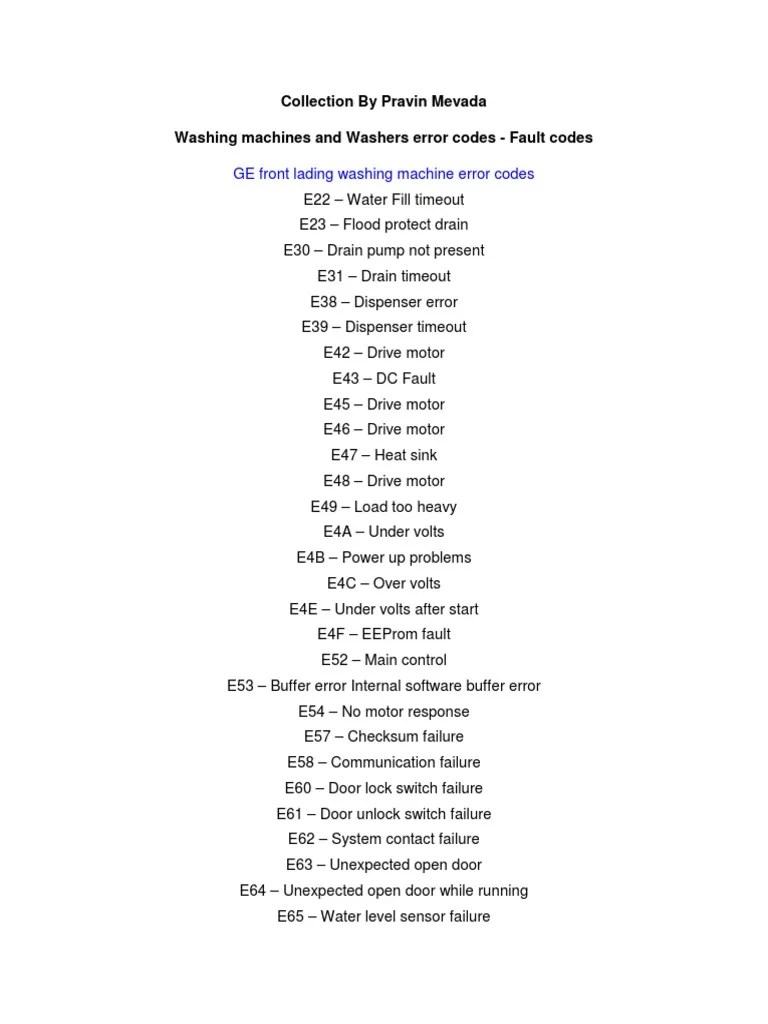 Washing Machines and Washers Error Codes Fault Codes PDF Washing