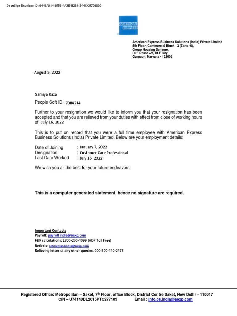 American Express Relieving Letter - Instruct | PDF