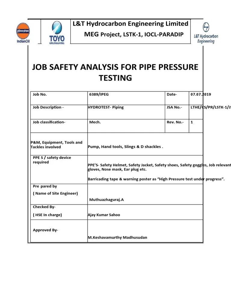 JSA For PipingHydro Test Download Free PDF Welding Construction