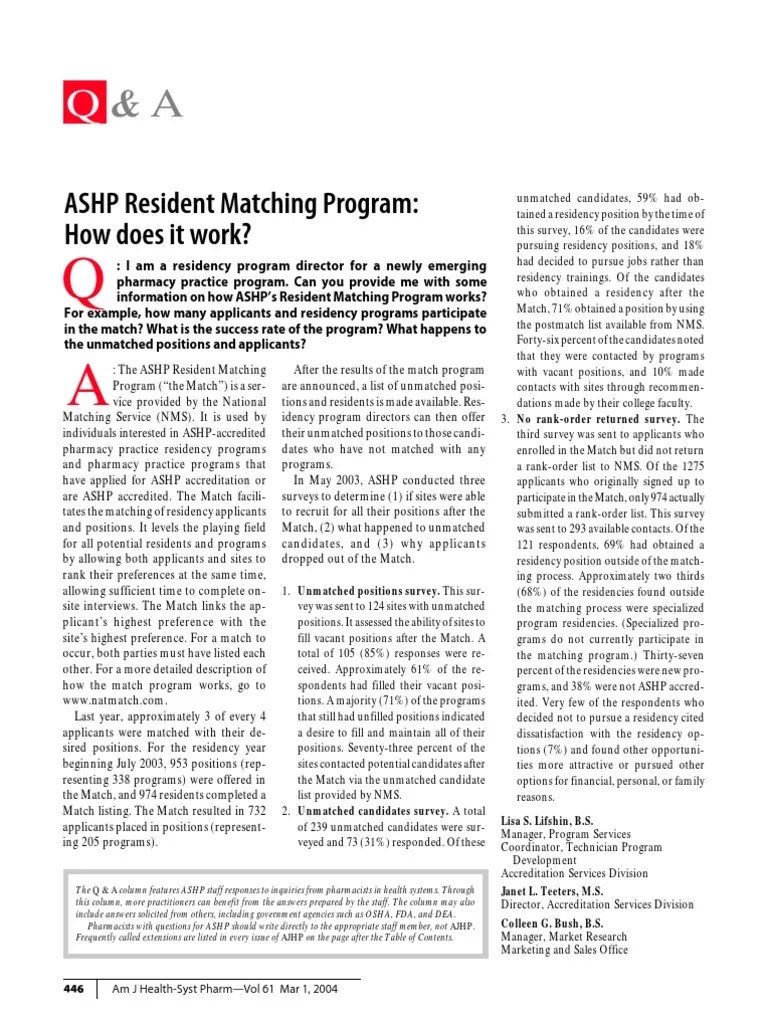ASHP Resident Matching Program How Does It Work Residency (Medicine