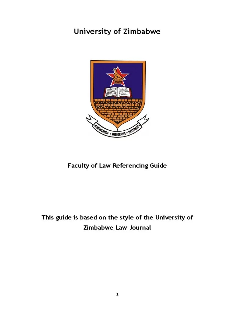 University of Zimbabwe Faculty of Law Referencing Guide PDF Note