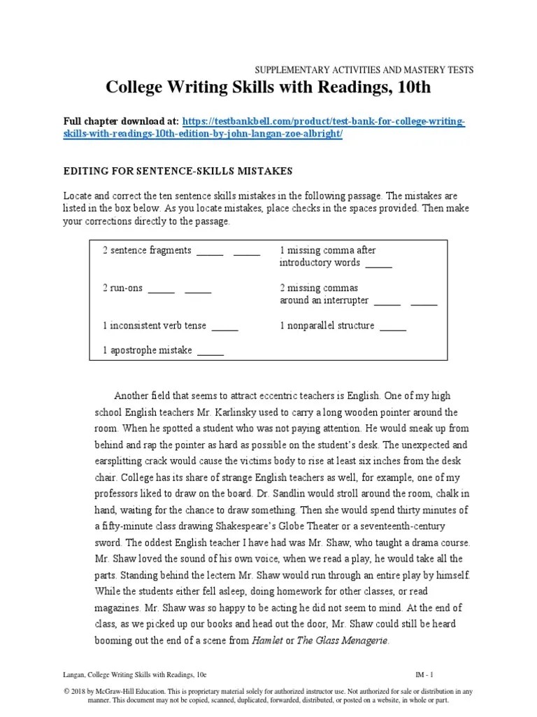 Test Bank For College Writing Skills With Readings 10th Edition by John