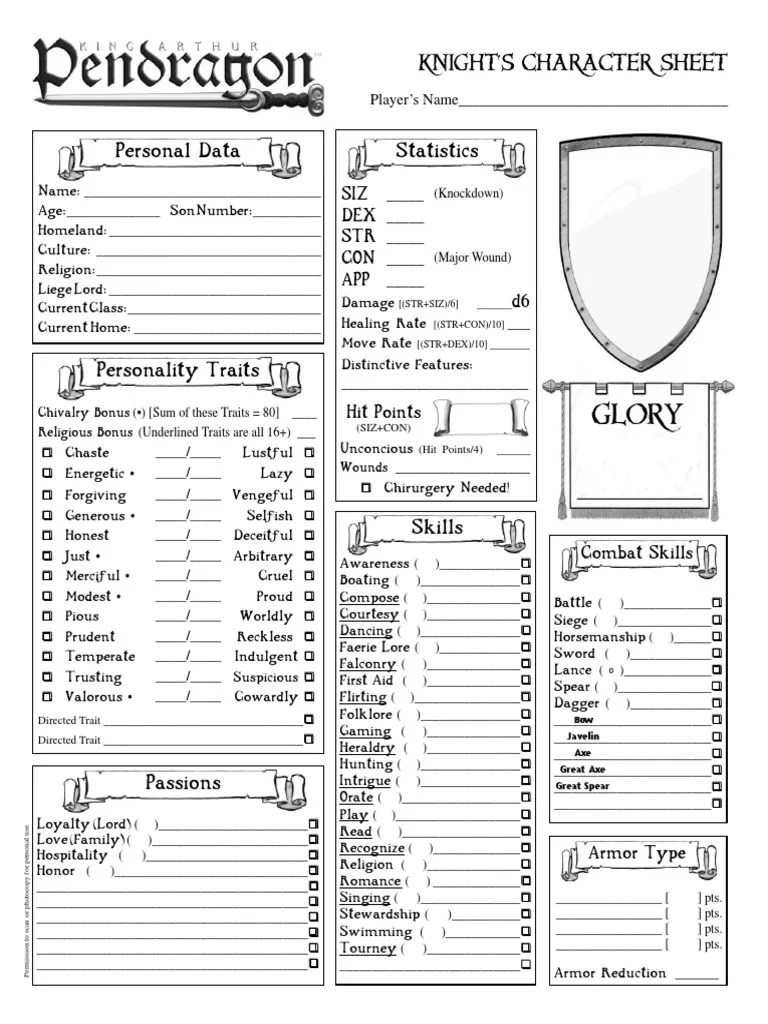 Pendragon Character Sheet PDF