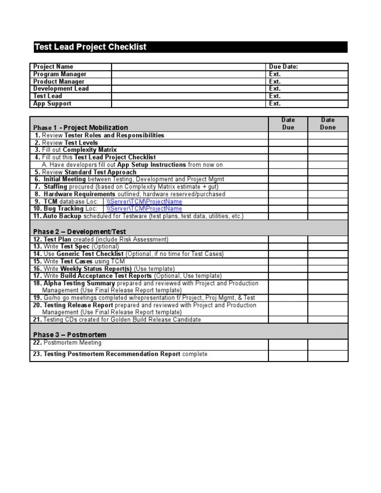 Test Lead Project Checklist