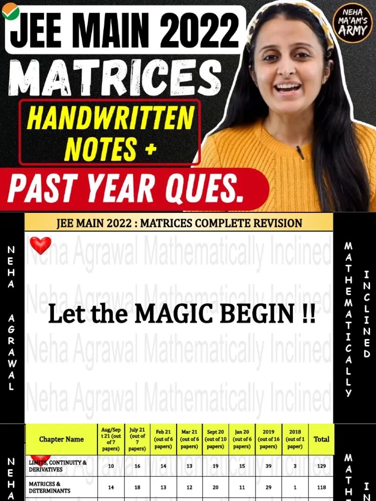 Jee Main 2022 Matrices Chapterwise Past Year Questions PDF Matrix