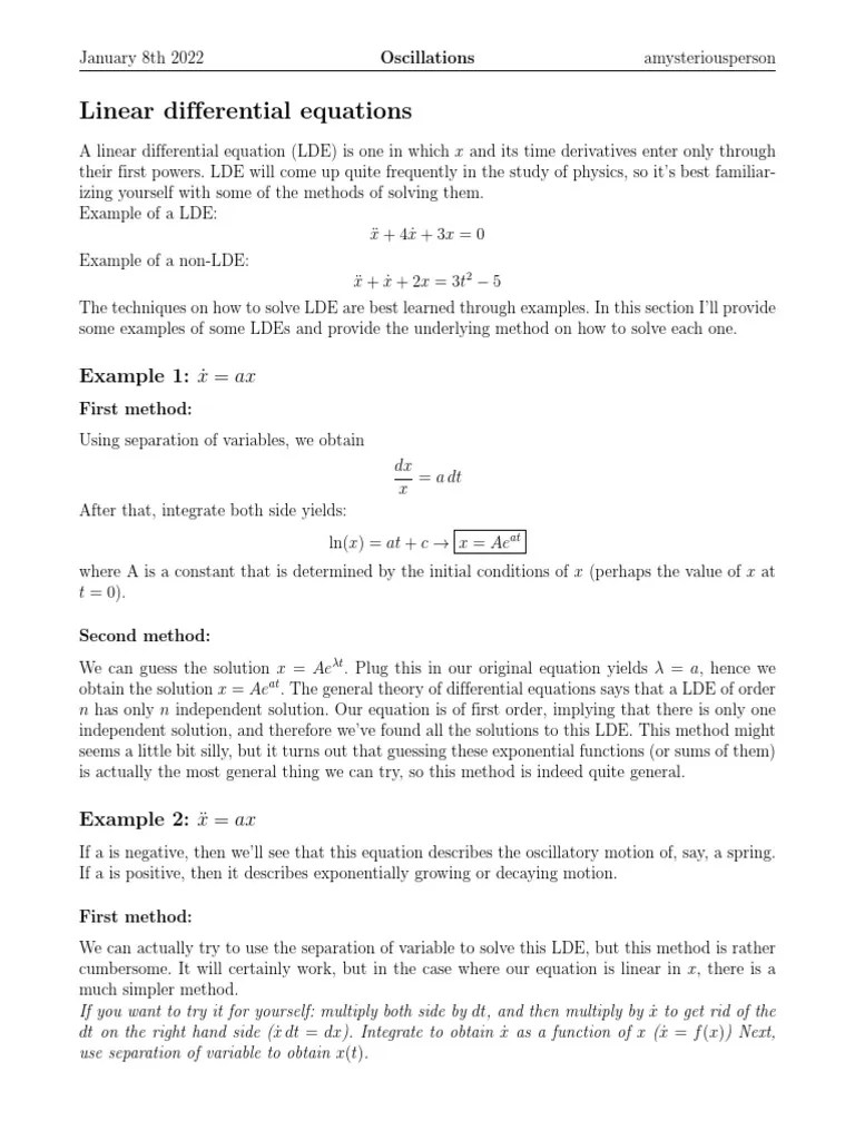 Linear Differential Equations PDF Oscillation Damping