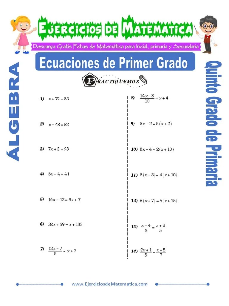 Ejercicios de Ecuaciones para Quinto Grado PDF