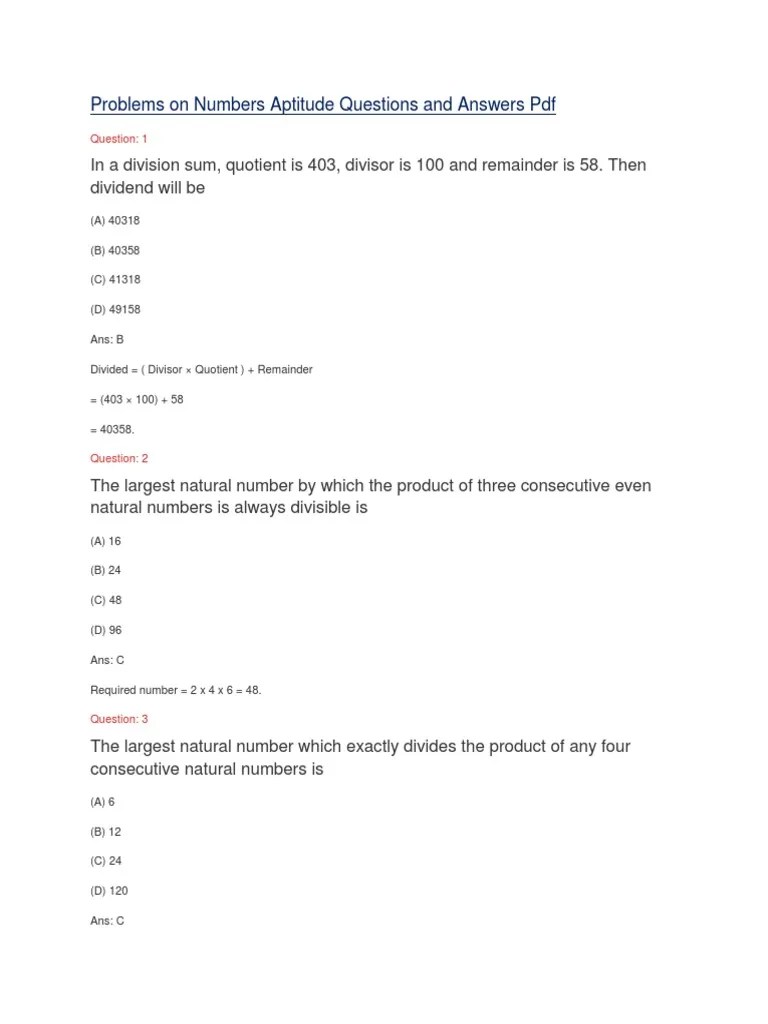 Problems Numbers Aptitude Questions Answers PDF