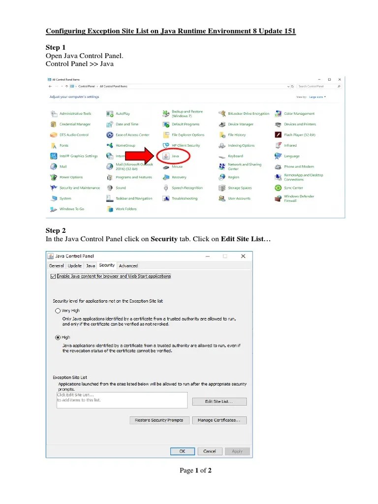 9.configuring Exception Site List On Java Runtime Environment 8 Update