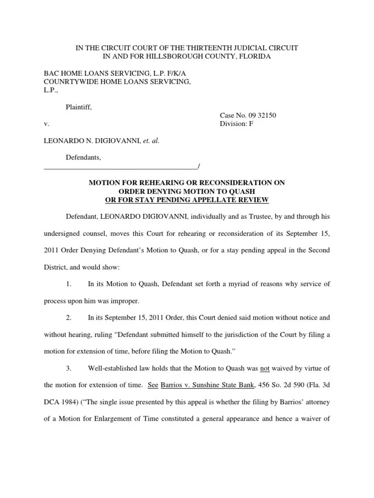 FL Motion for Reconsideration on Order Denying Motion to Quash Appeal