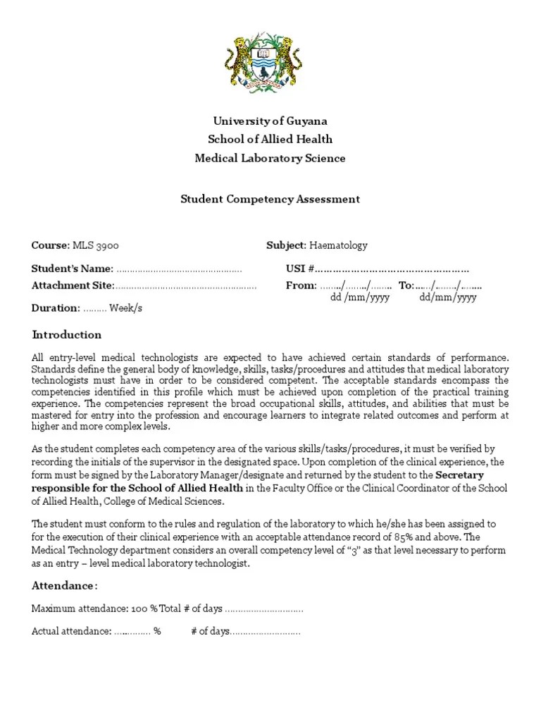 MLS 3900 Haematology Competency Assessment PDF Health Care Medicine