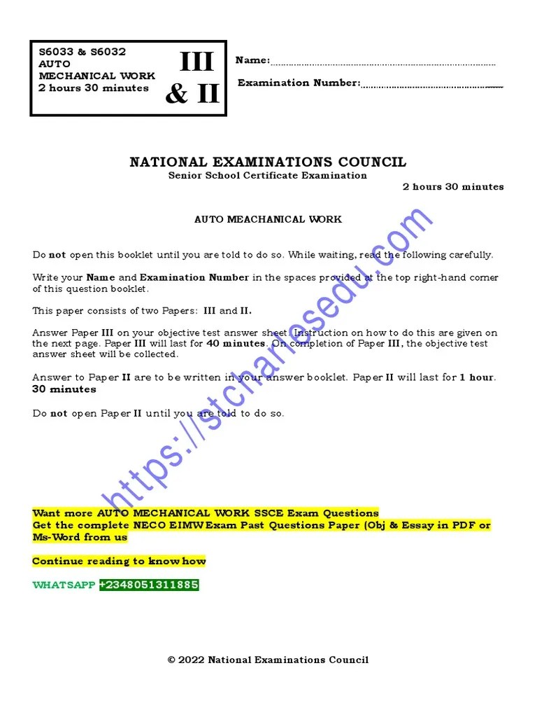 NECO Auto Mechanical Work Past Question Paper and Answer PDF Download PDF Axle Mechanical