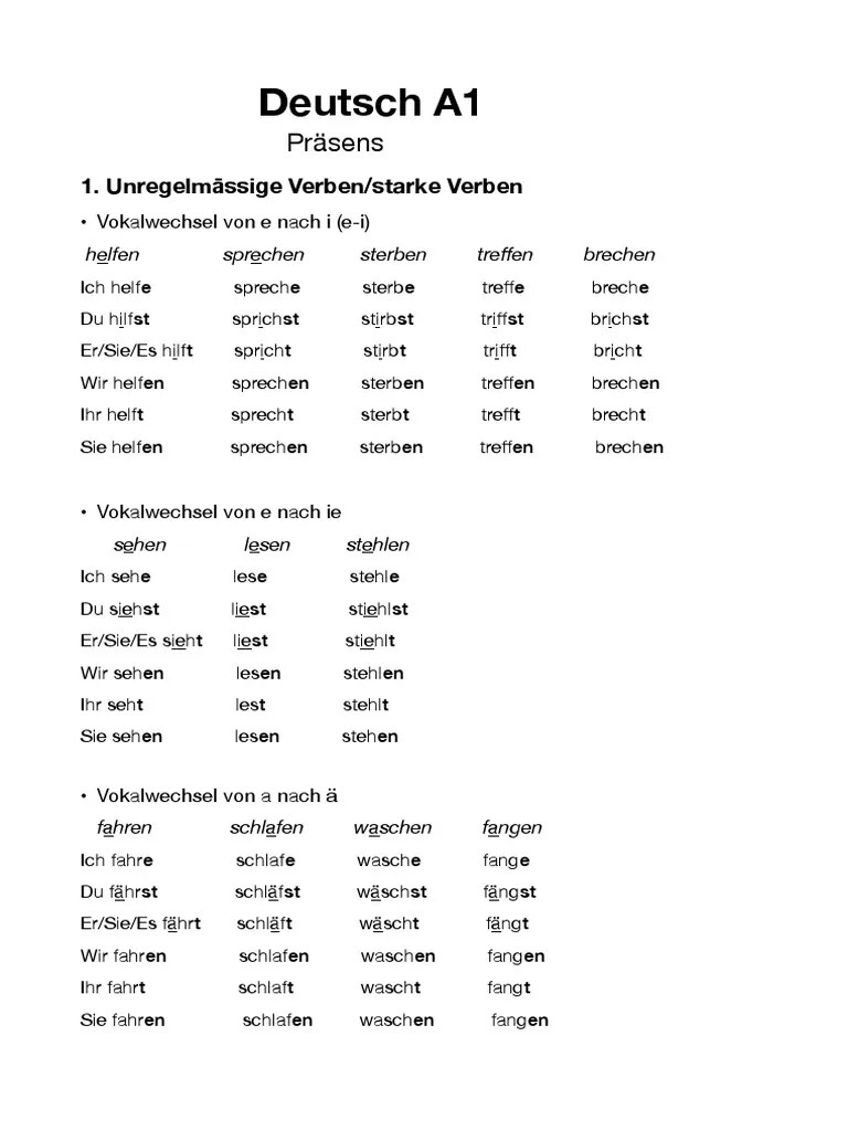 Deutsch A1 Präsens Unregelmässige Verben PDF