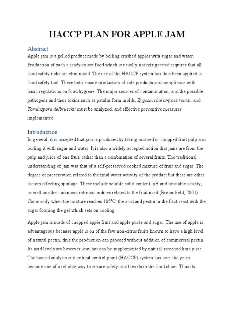 Haccp Plan For Apple Jam PDF Fruit Preserves Hazard Analysis And