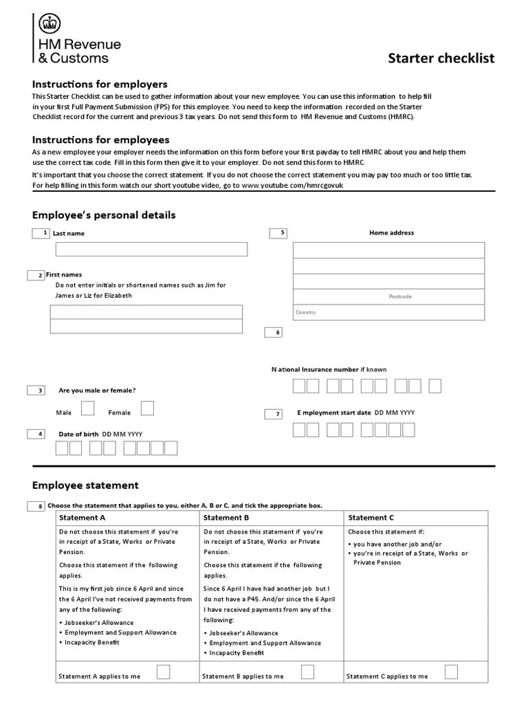 HMRC Starter Checklist PDF Postgraduate Education Money