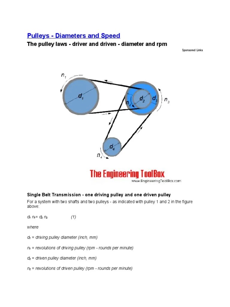 Pulleys Calculation PDF Belt (Mechanical) Motion (Physics)