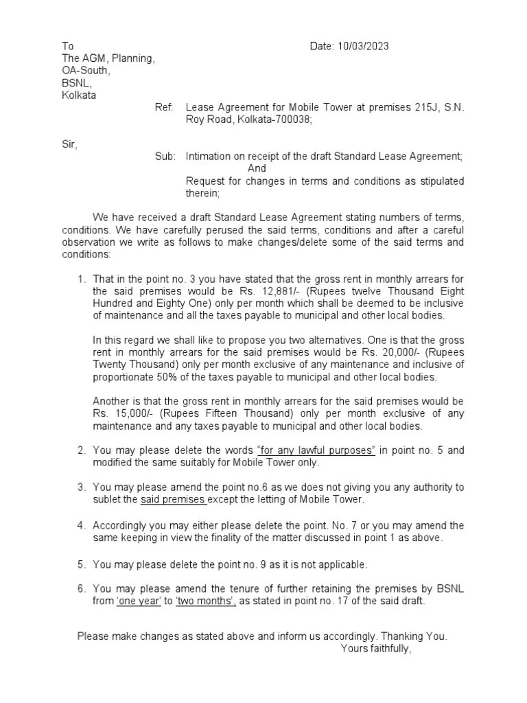 Letter To BSNL PDF Lease Common Law