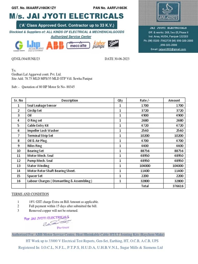 80 HP Kishore Pump Estimate, 88345 PDF Machines Electrical