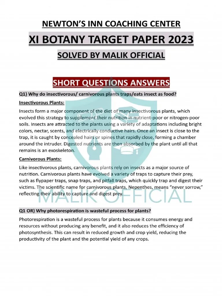 XI BOTANY SOLVED NEWTON TARGET PAPER PDF